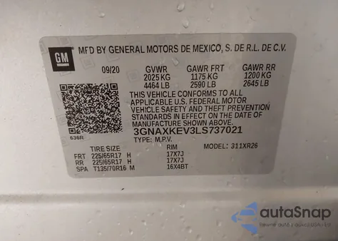 2020 Chevrolet Equinox Fwd Lt 1.5L Turbo из США, поврежденный, VIN 3GNAXKEV3LS737021